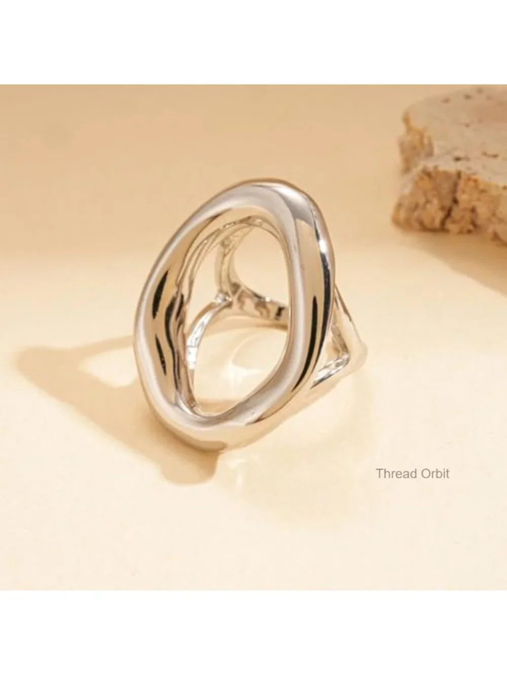 Chunky Irregular Hollow Oval Statement Ring Adjustable Open Band Geometric